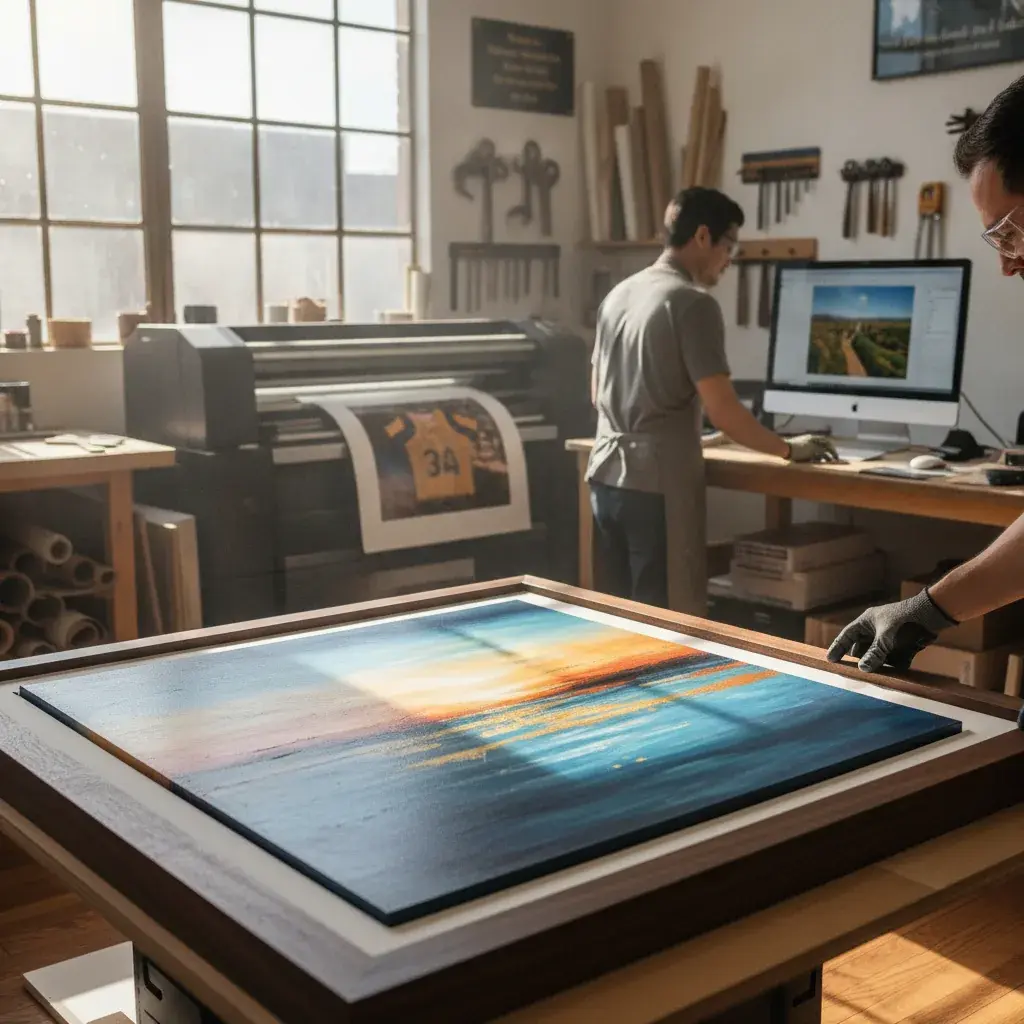 Picture framing shop worker examining a framed landscape photo while colleague works at computer near large format printer.